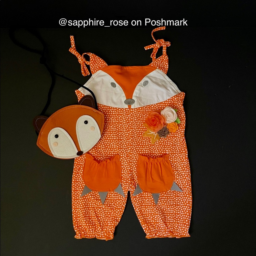 Baby Toddler Girls Fox Overalls Romper Fox Bag Hair Clips x 2 Girl Clothes 12/18